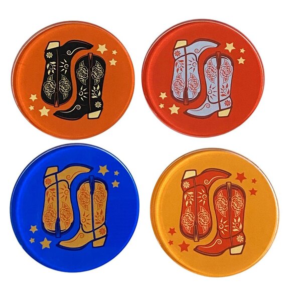 Western Boots Acrylic Coaster Lot of 4 Cowboy Cowgirl Rodeo Country Fall Color - Picture 1 of 6